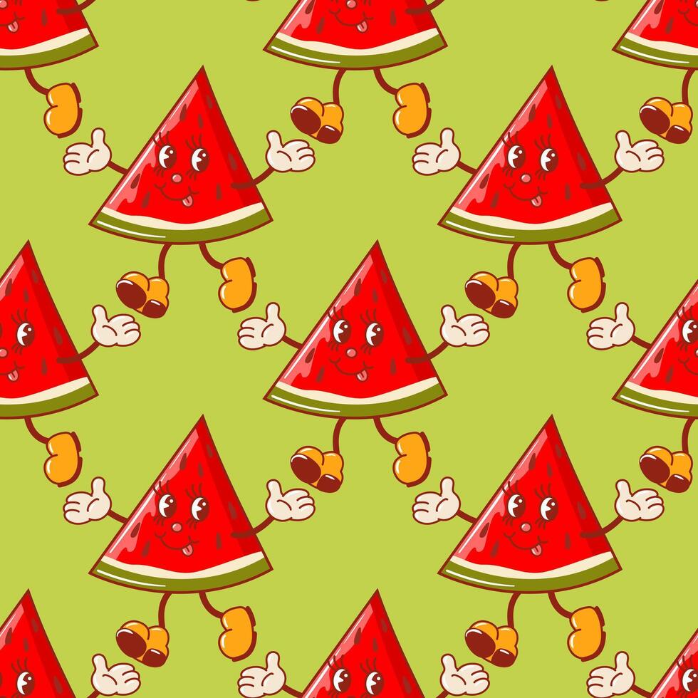 illustration showcases a seamless pattern featuring retro watermelon characters. Bright and whimsical, it adds a fun, vibrant touch, perfect for textiles, kids apparel, or summer-themed designs vector