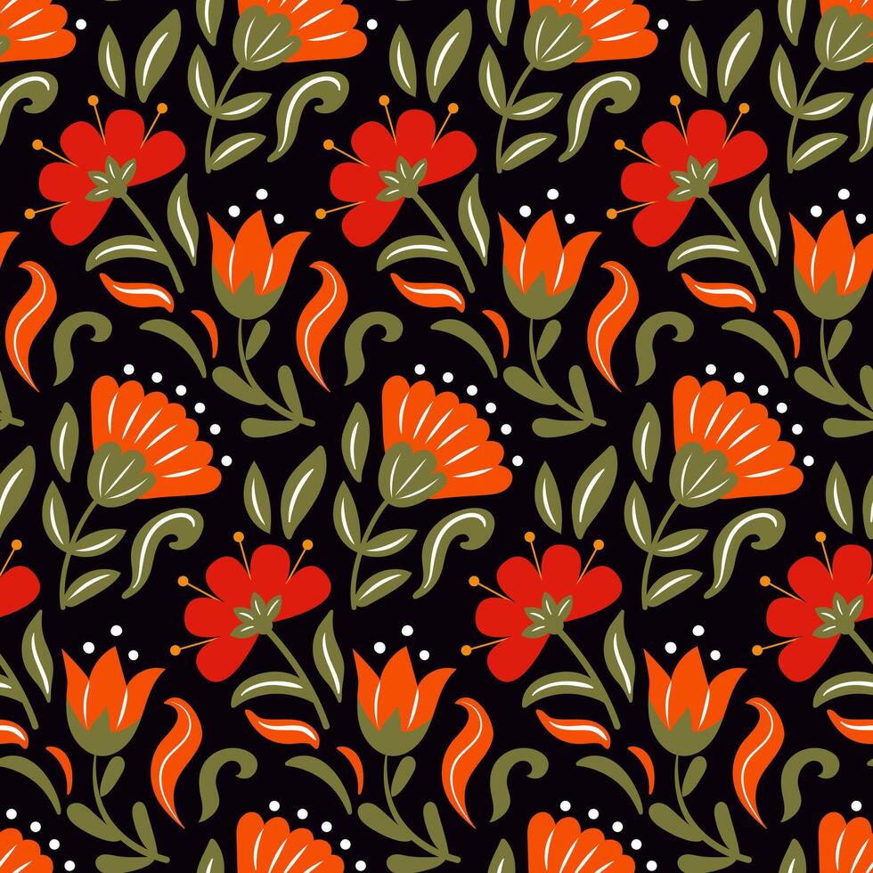 illustration featuring Scandinavian-style floral patterns infused with Slavic elements. This artwork combines intricate motifs and vibrant colors, ideal for textiles, wallpapers, and home decor vector