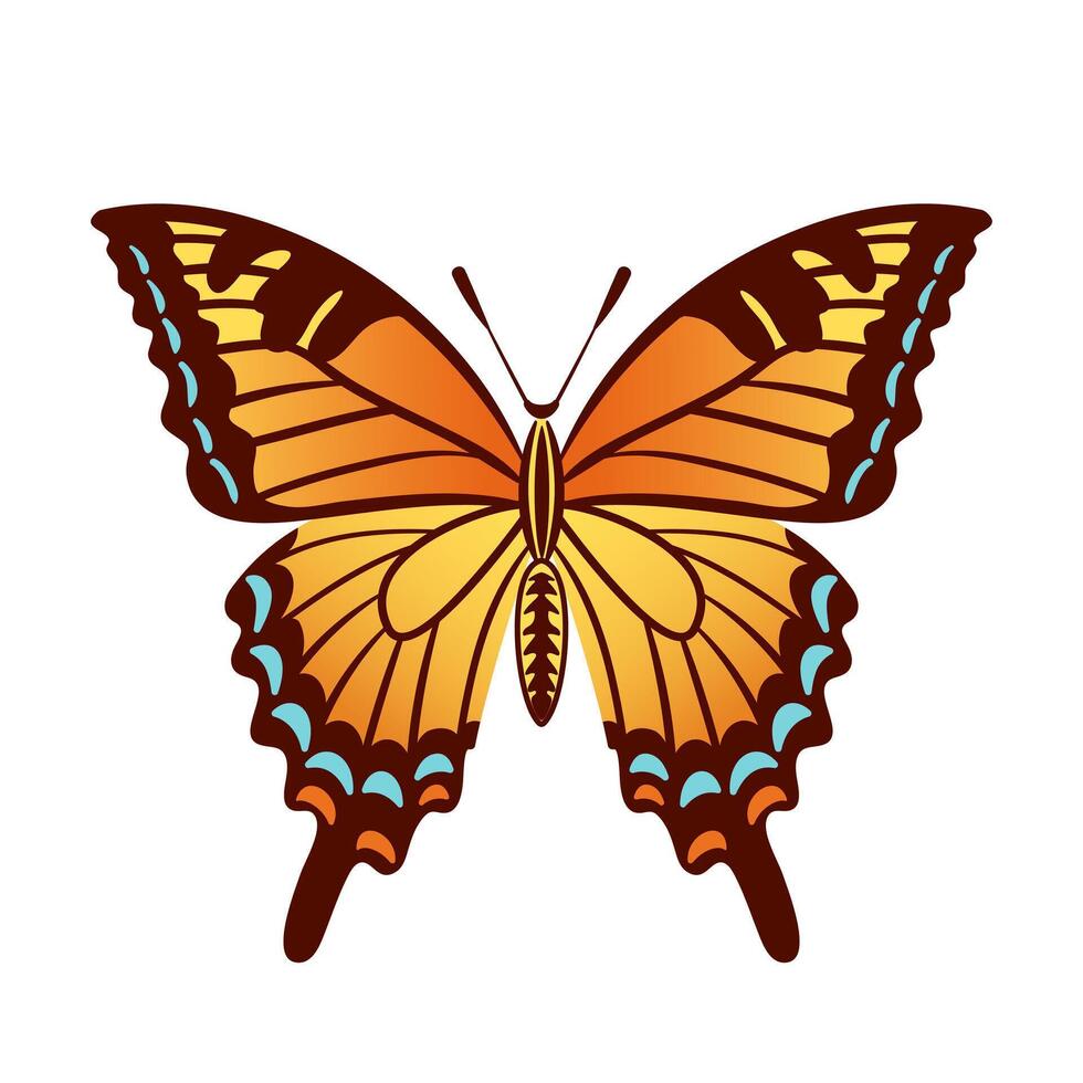 A vibrant butterfly with striking orange and yellow wings adorned with intricate black and blue patterns along the edges, showcasing the beauty of nature in a captivating design, illustration. vector