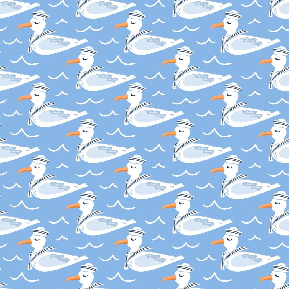 Cute seagull in a white sailor cap and collar swims on the sea, seamless pattern. Childrens character. Adventures and travel, fleet. For wallpaper, textile, wrapping, background vector
