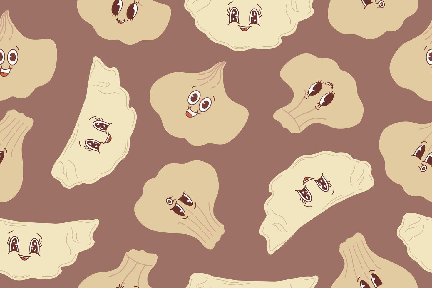 Seamless pattern of Cute kawaii dumplings. Hand drawn dim sum character, traditional Chinese dumplings, with funny smiling faces. Asian traditional cuisine. illustration of mocha mousse background vector
