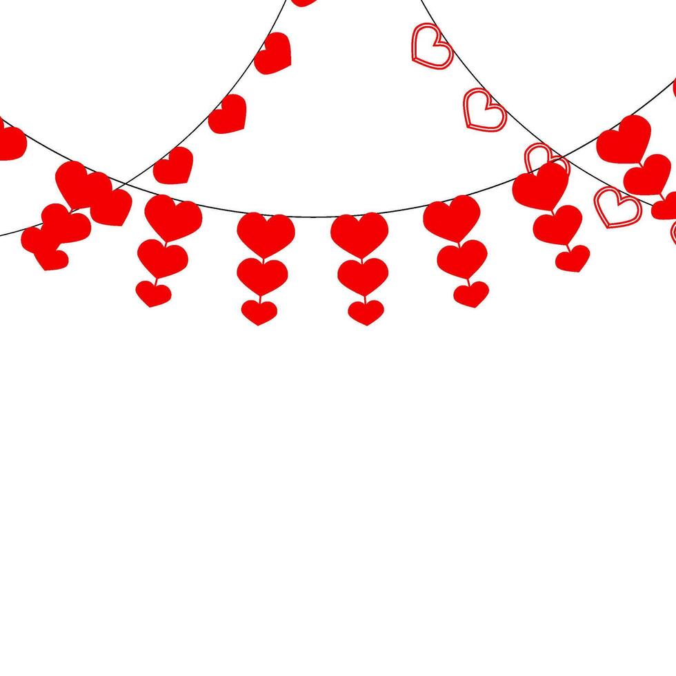 Red hearts garlands pennants to valentine day event celebrating, festive hanging and string ornament, decor celebration, party holiday, romance cheerful, illustration vector