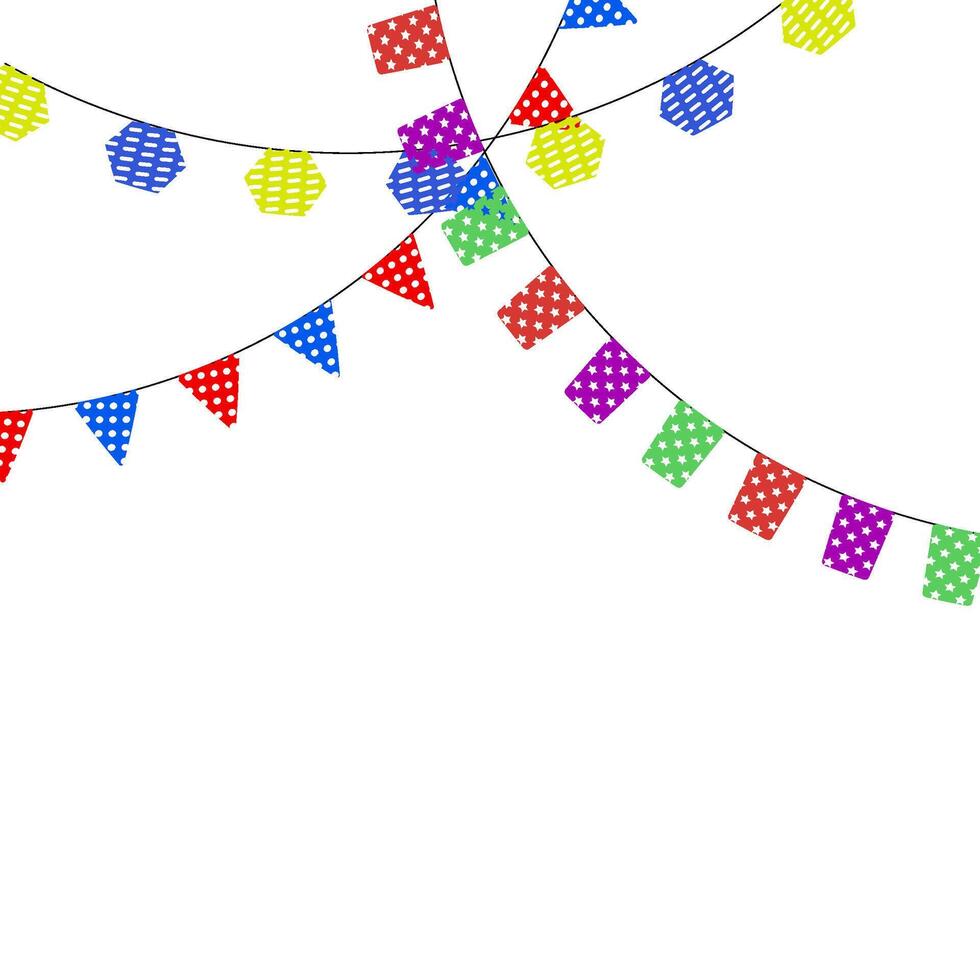 Colored banner pennants for birthday or celebration events, open new shop, of triangular hanging, greeting card or invitation, poster birthday design illustration vector