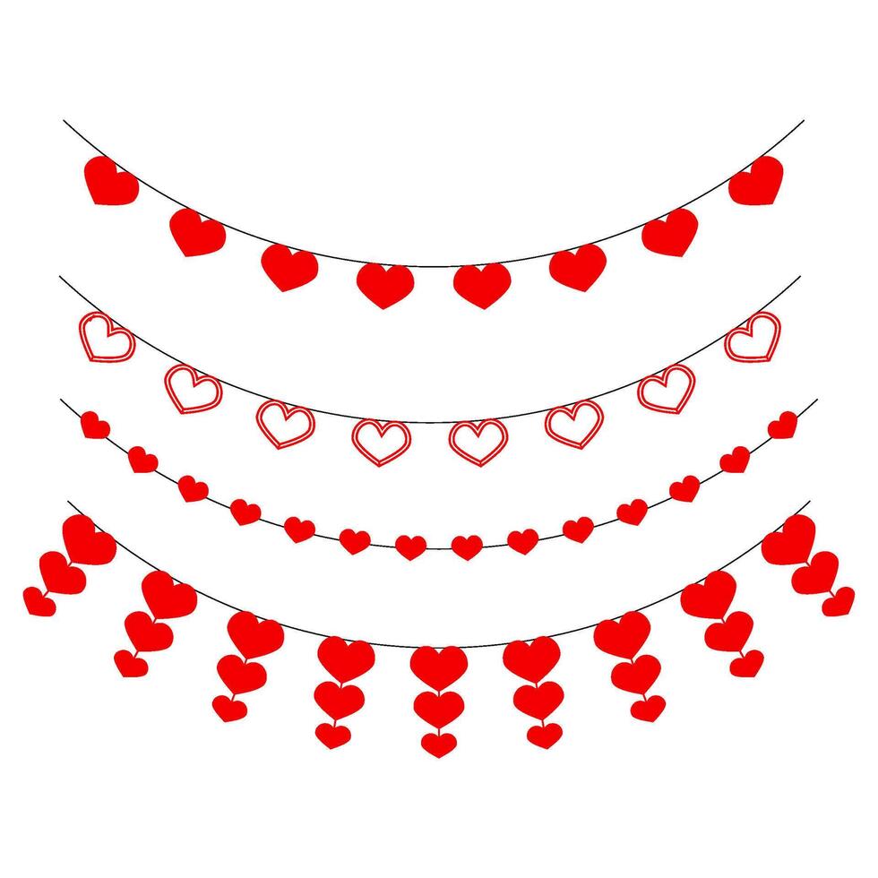 Heart garland pennant valentine day holiday set, love romantic banner, illustration design pink, string for festive ornament, hanging party celebration vector