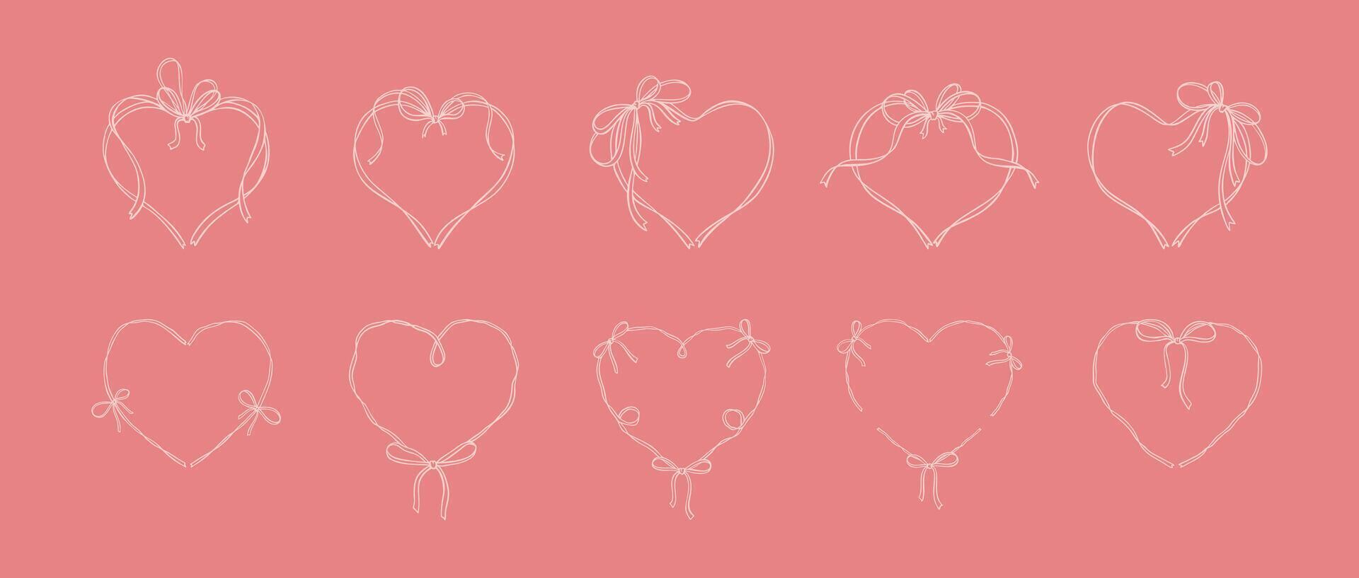 Bow heart ribbon frame drawing. Wedding, save the date vintage design element. Cute line coquette romantic illustration. French patisserie style. Filigree victorian background vector