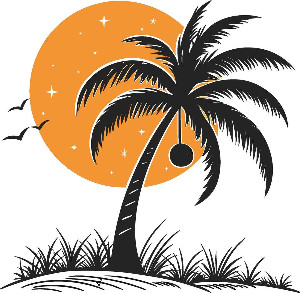 illustration of a palm tree silhouette against a bright orange sky vector