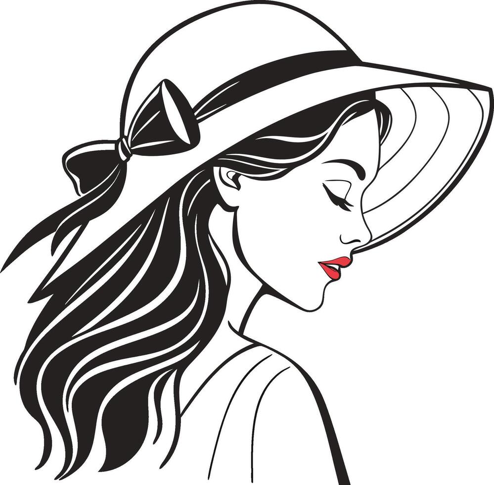 Fictional character of a woman with a hat. Black and white illustration. Logo design for use in graphics vector