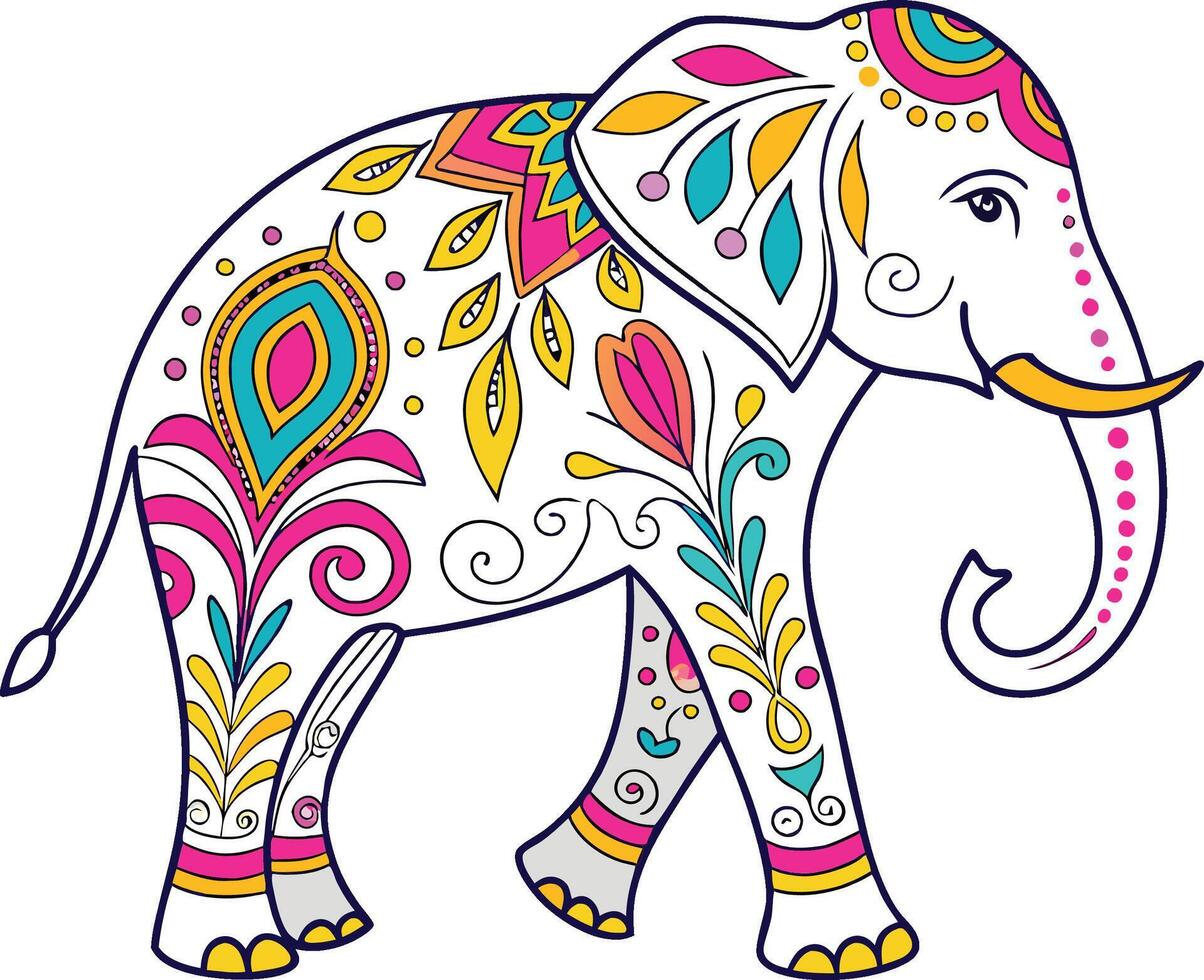 A vibrant, multicolored elephant adorned with intricate floral and paisley patterns vector