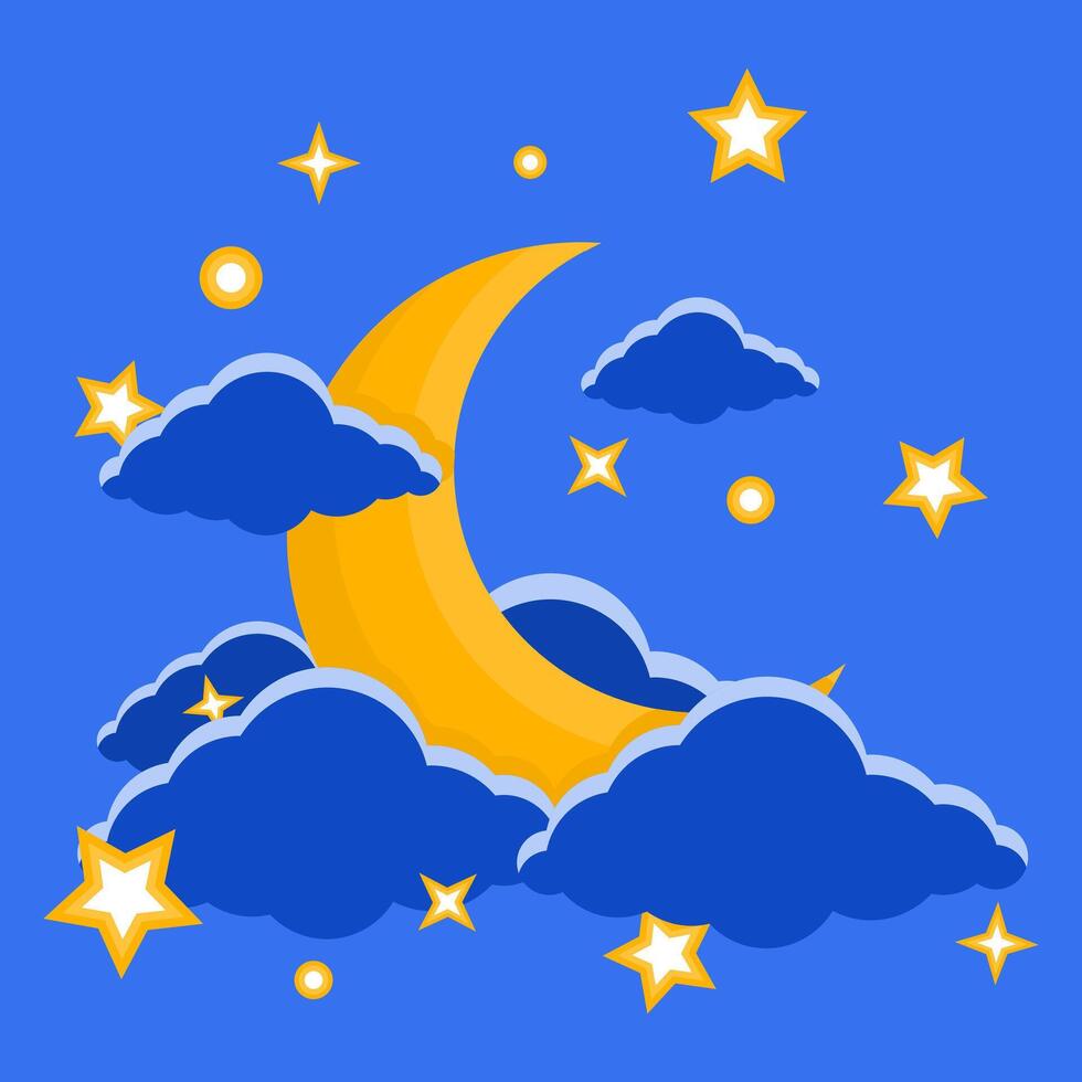 Beautiful Crescent Moon with Clouds and Stars . Bright Crescent Moon Element. vector