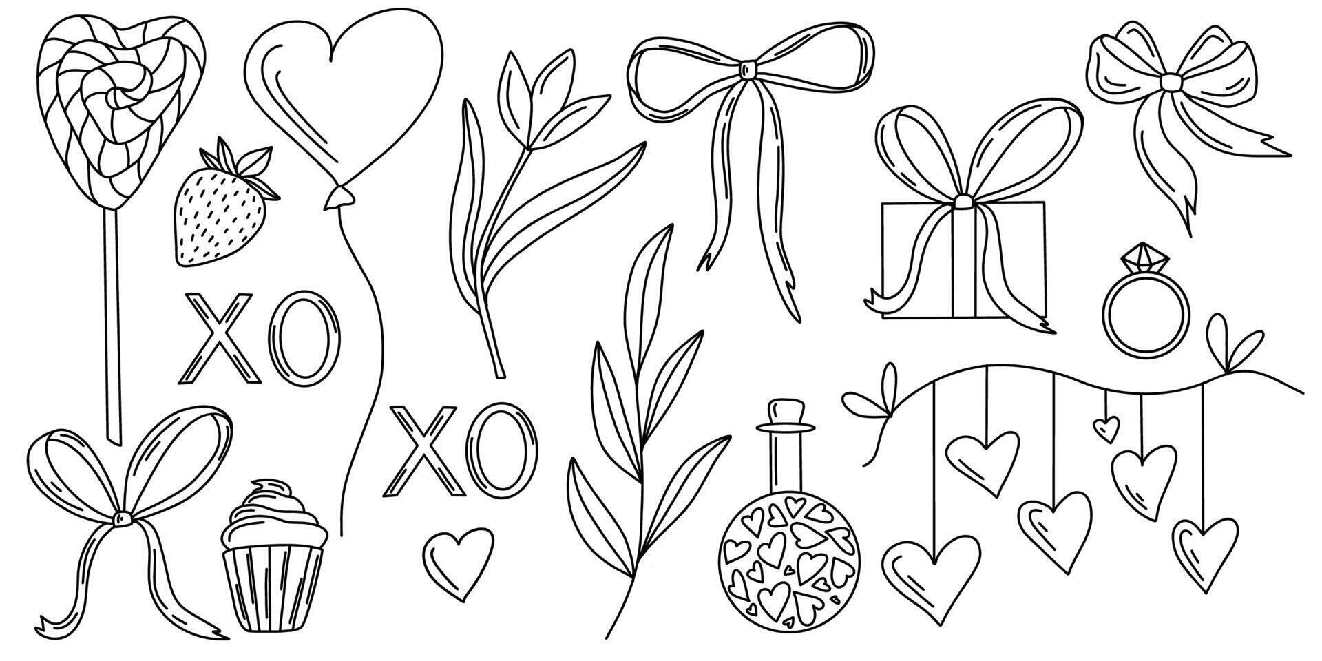 Hand drawn black and white Valentine-themed elements in doodle style, including bows, hearts, leaves, and gifts. Perfect for cards, invitations, coloring books, scrapbooking, and digital design vector
