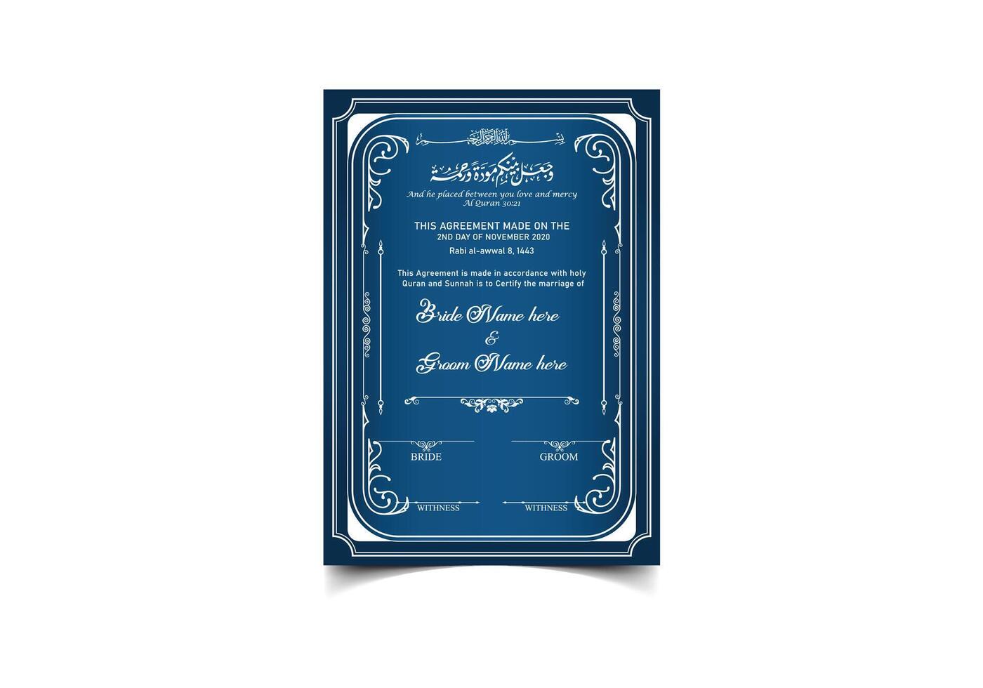 Muslim Community Nikkah Nama and Marriage Certificate Template Design vector