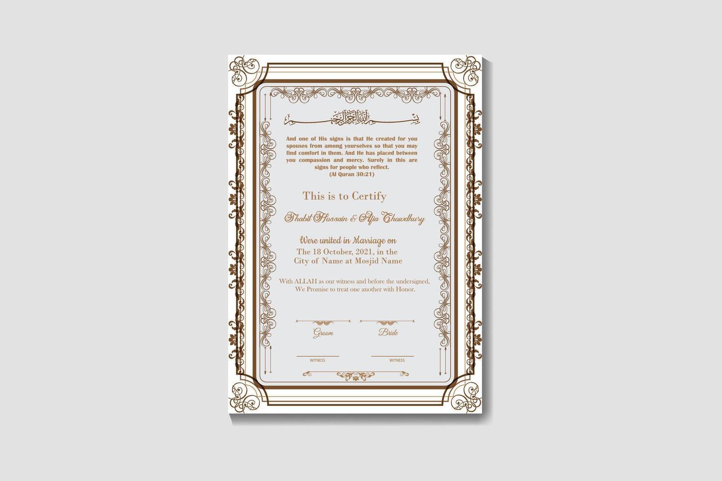 Nikkah Name Frame and Wedding Certificate Personalized A4 Premium Islamic Wedding Contract Gift vector