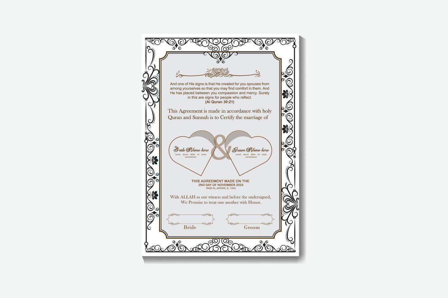 Muslim Nikkah Nama and Marriage Certificate Design vector