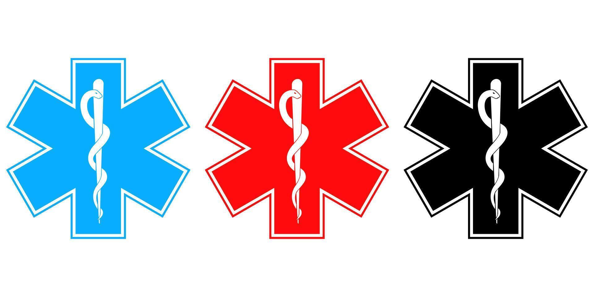 Medical symbol set red black and blue Star of Life with Rod of Asclepius logo icon isolated on white background. First aid. Emergency symbol. illustration. vector
