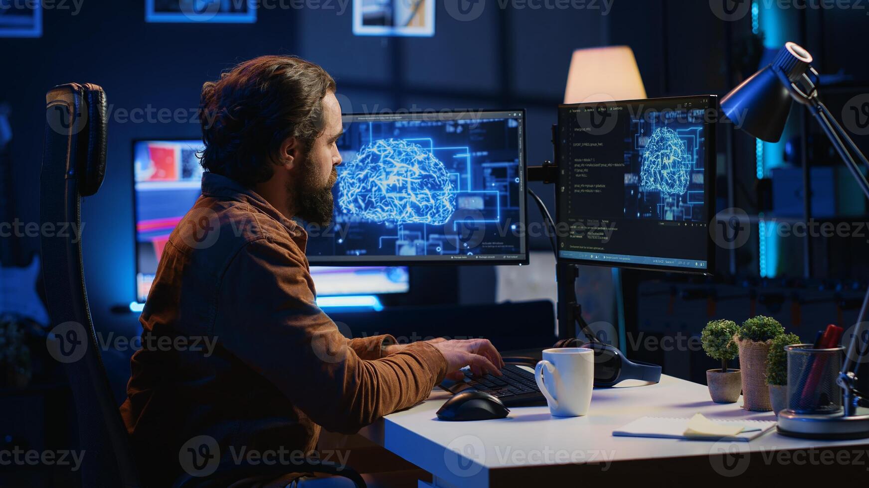 Developer updating artificial intelligence neural networks, typing on computer keyboard and drinking coffee. Freelancing IT expert writing AI code, training machine learning, listening music photo