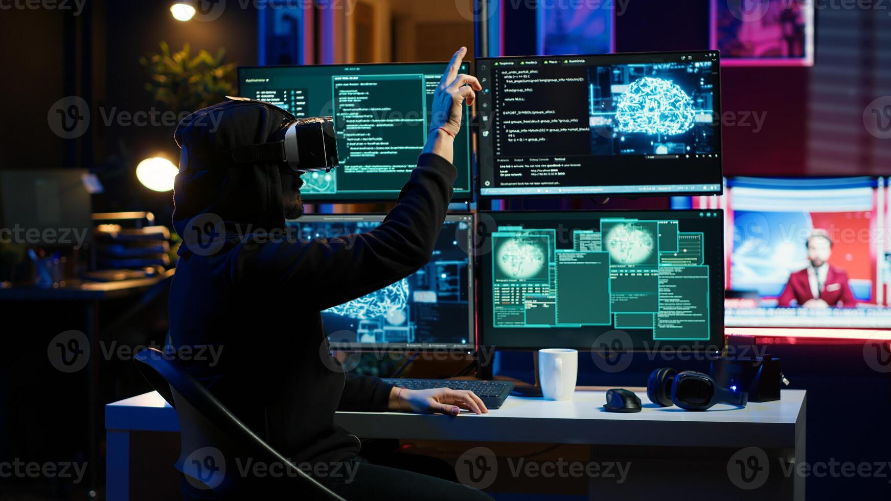 Hacker using virtual reality headset to code malware exploiting network backdoors, bypassing security measures such as logins and password protections using futuristic VR goggles tech, camera A photo