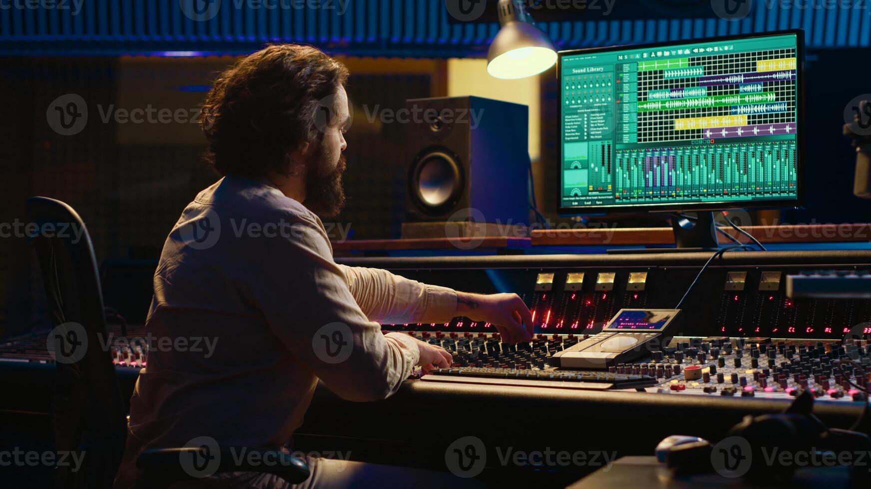 Audio technician mixes individual tunes to create balanced sound after recording session in professional studio. Sound engineer editing tracks with mixing console and production software. Camera A. photo