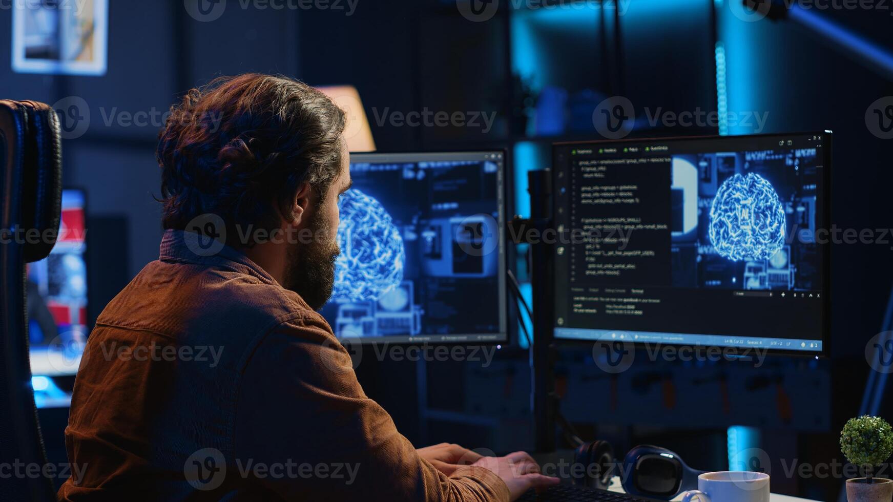 Developer updating artificial intelligence neural networks, typing on computer keyboard in neon lit personal office. Freelancing IT specialist writing AI code, training machine learning, camera A photo