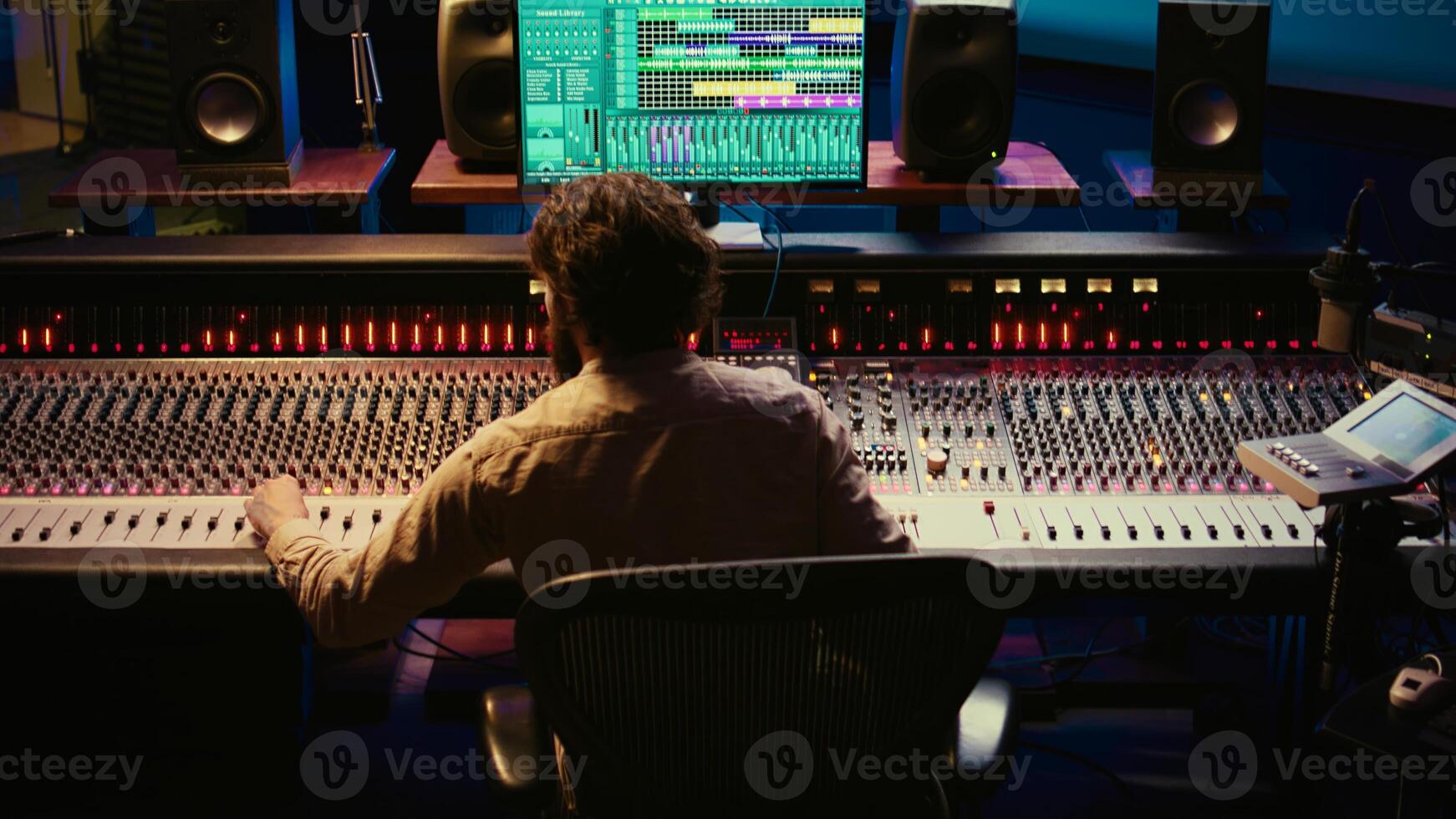 Sound designer mixing and mastering tracks on audio console in control room, using daw software on computer and editing files. Technician creating new music in professional studio. Camera B. photo