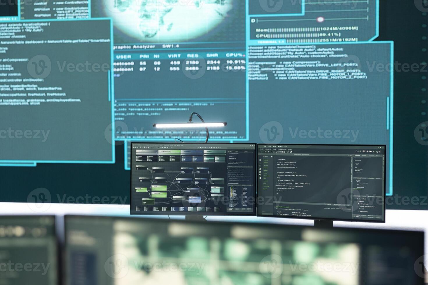 Empty cyber operations center for governmental hacking and threat detection. Equipped with technology for monitoring cyber threats, cybercrime, and safeguarding digital information. photo