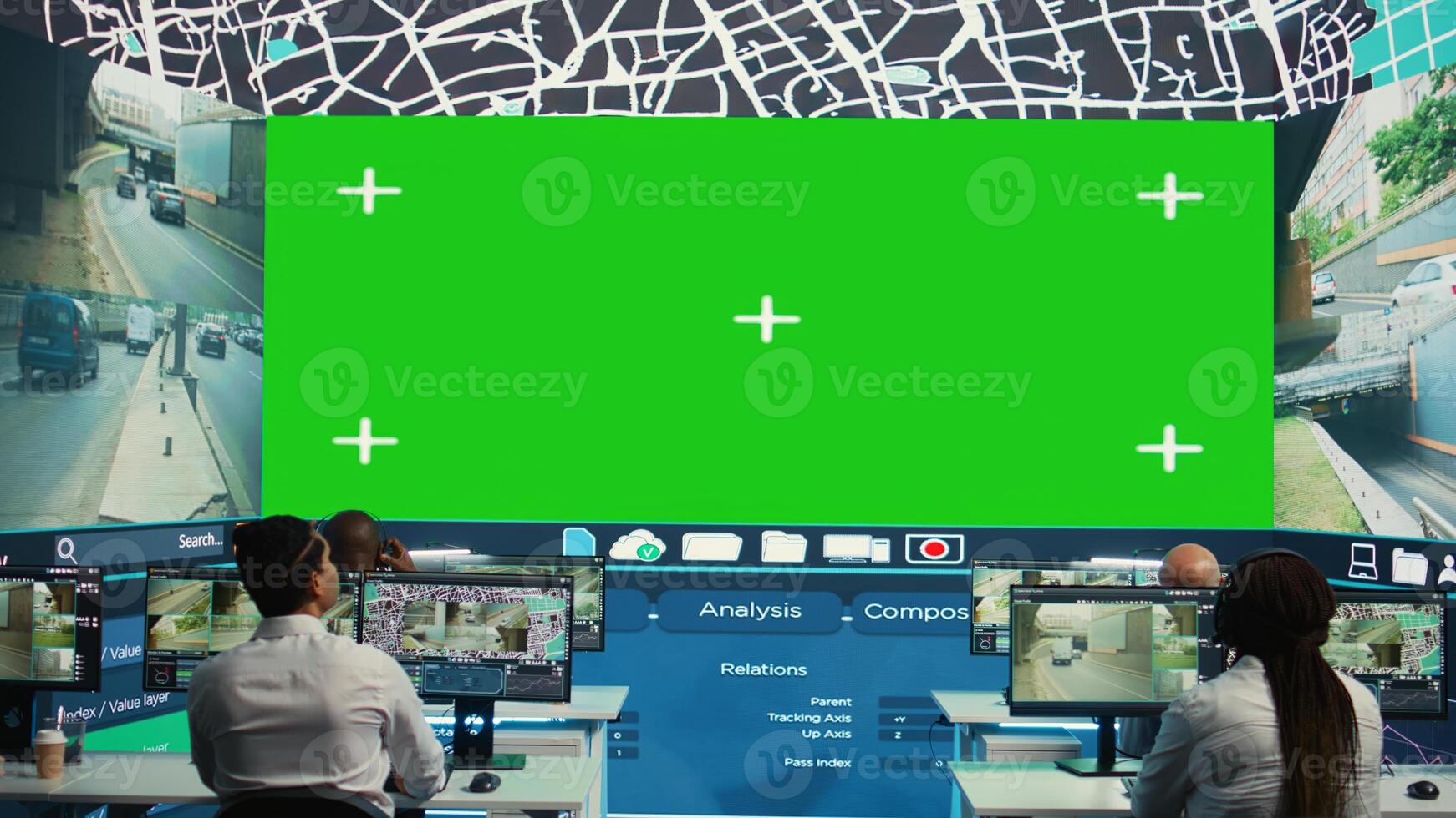 Shipping employees analyzing city map with big isolated display, monitoring delivery trucks with order tracking awb for clients. People using surveillance CCTV system to get updates. Camera B. photo