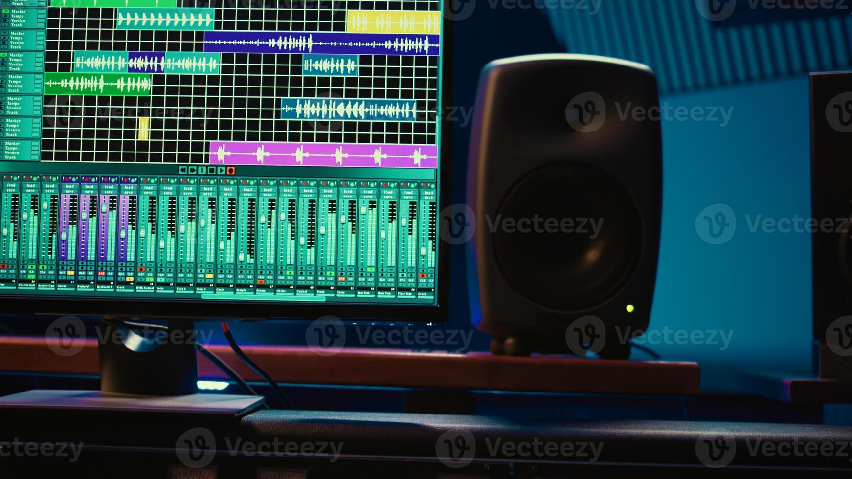 Professional studio control room with pre amp knobs and faders, key buttons on recording desk, soundproof space. Audio mixer and regulator used to produce music, technical equipment. photo