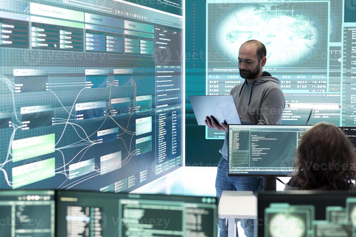 Cyber security team conducting cyber surveillance in a governmental control room. Experts group hacking activities, malware protection and data breach prevention in high tech agency. photo