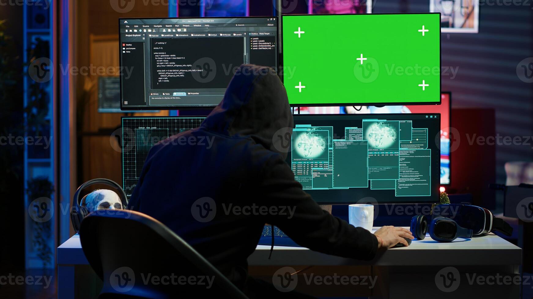 Cybercriminal hacking using green screen PC and getting critical error while trying to steal credit card information. Hacker runs code on mockup computer display, failing to breach firewall, camera A photo