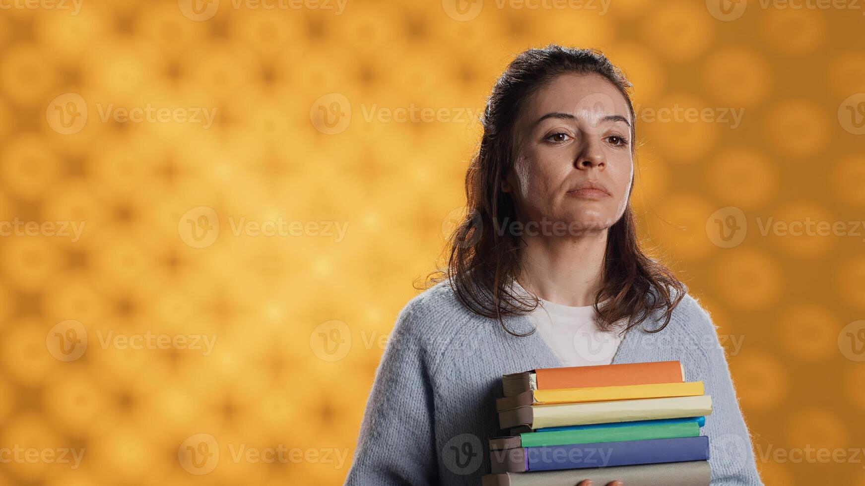 Portrait of upbeat woman holding pile of books, enjoying reading hobby for entertainment purposes. Radiant bookworm with stack of novels in arms enjoying leisure time, studio background, camera A photo