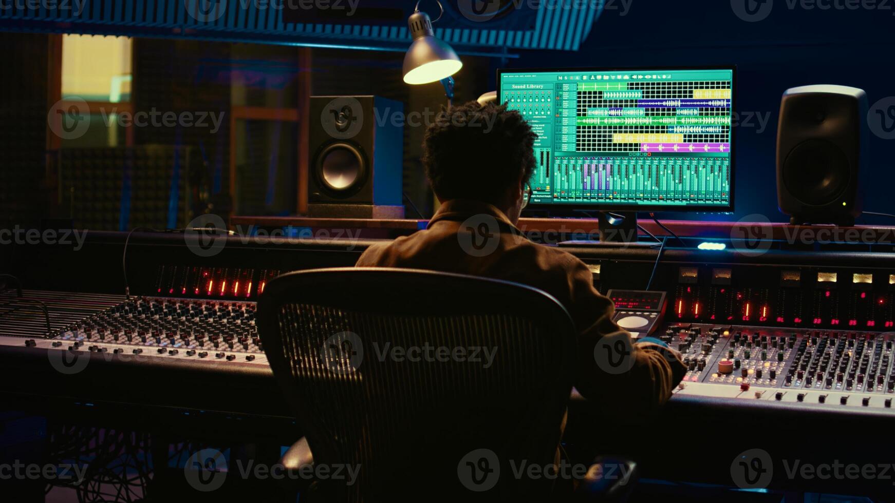 African american sound producer editing tracks on audio software and console, adjusting volume levels and adding effects in post production. Technician producing new hit song in studio. Camera B. photo