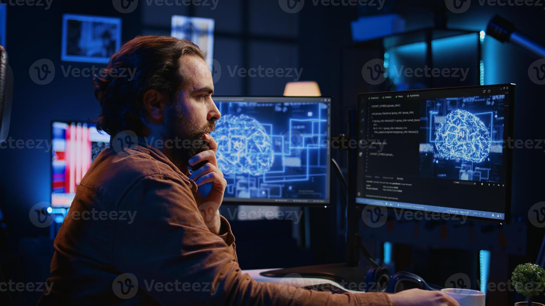 Computer scientist updating artificial intelligence neural networks, drinking coffee and writing code scripts in personal office. IT expert enjoying hot beverage while running AI simulations, camera B photo