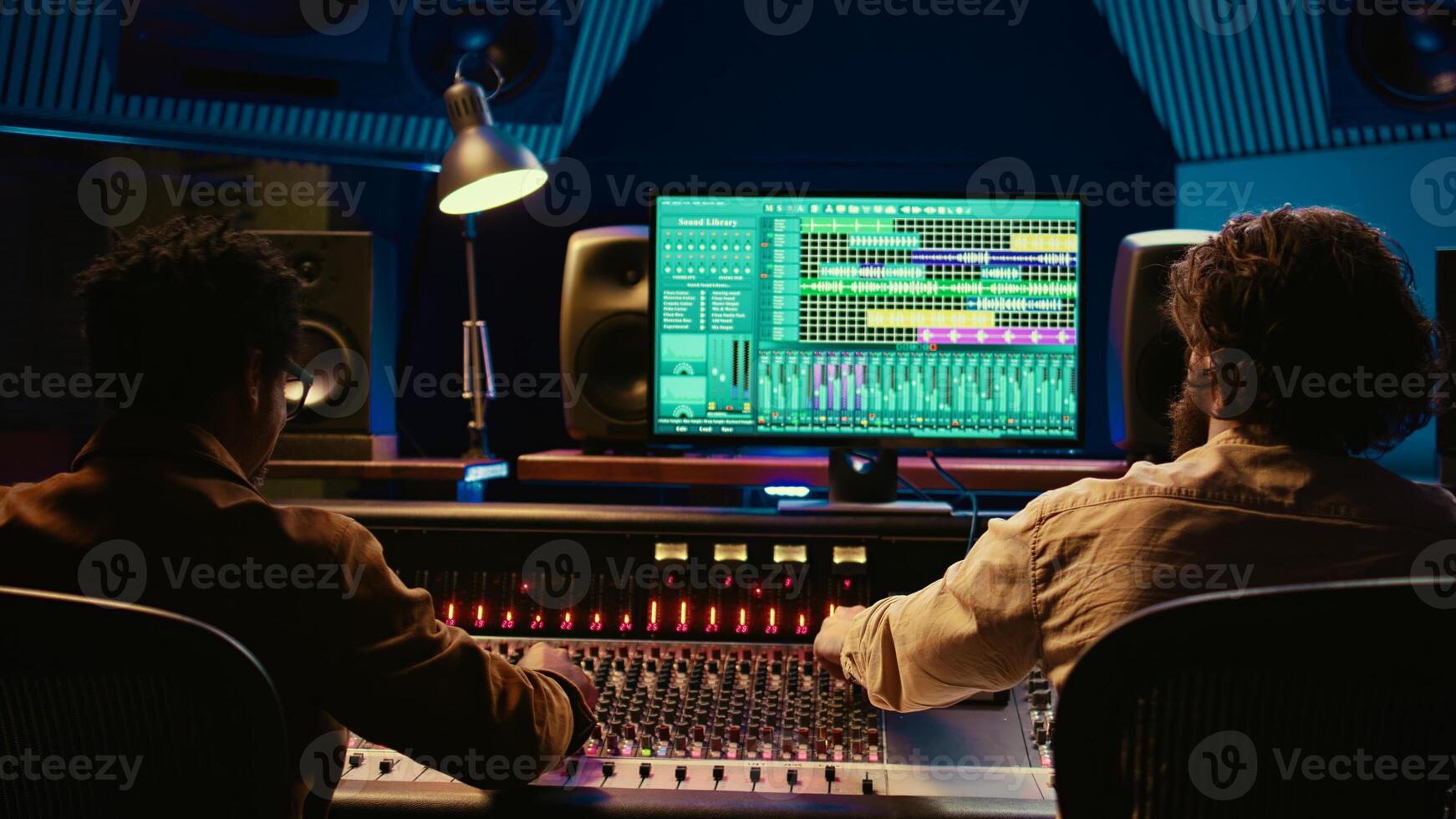 Team of artist and technician editing audio after recording session in control room, mixing and mastering tracks on console in control room. Pressing buttons and pushing sliders. Camera B. photo