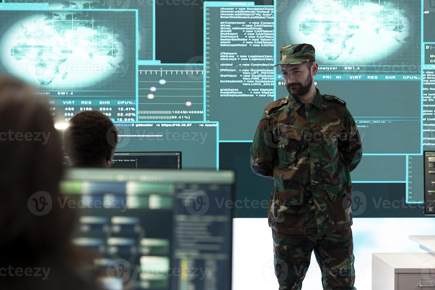 Government army hackers engaged in hybrid warfare strategies in agency office. Personnel using software and technology to secure information, prevent attacks and protect military operations. photo