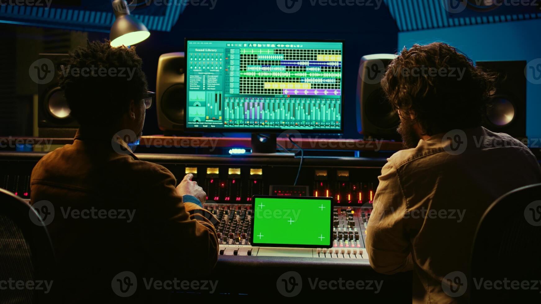 Artist and sound designer examine digital editing software and mockup on tablet, collaborating on composing a hit for new album. Musician working with audio technician in studio. Camera B. photo
