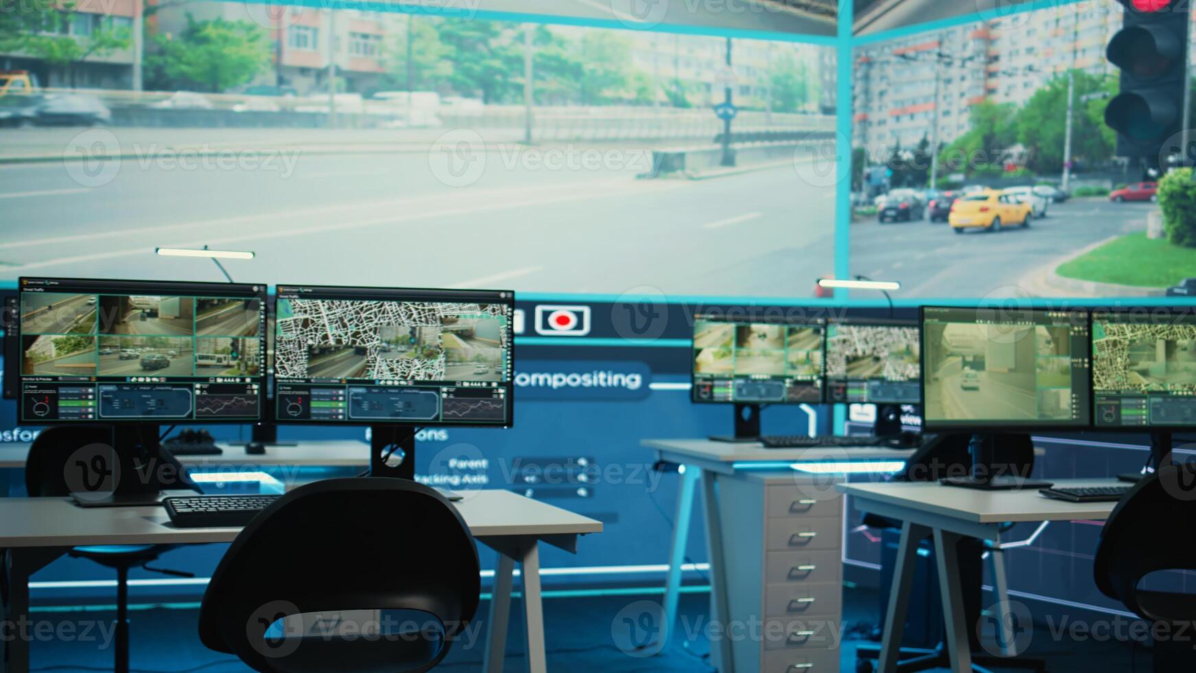 Public agency office station equipped with satellite CCTV camera system, monitoring traffic through surveillance footage. Running plate recognition via big brother high tech. photo