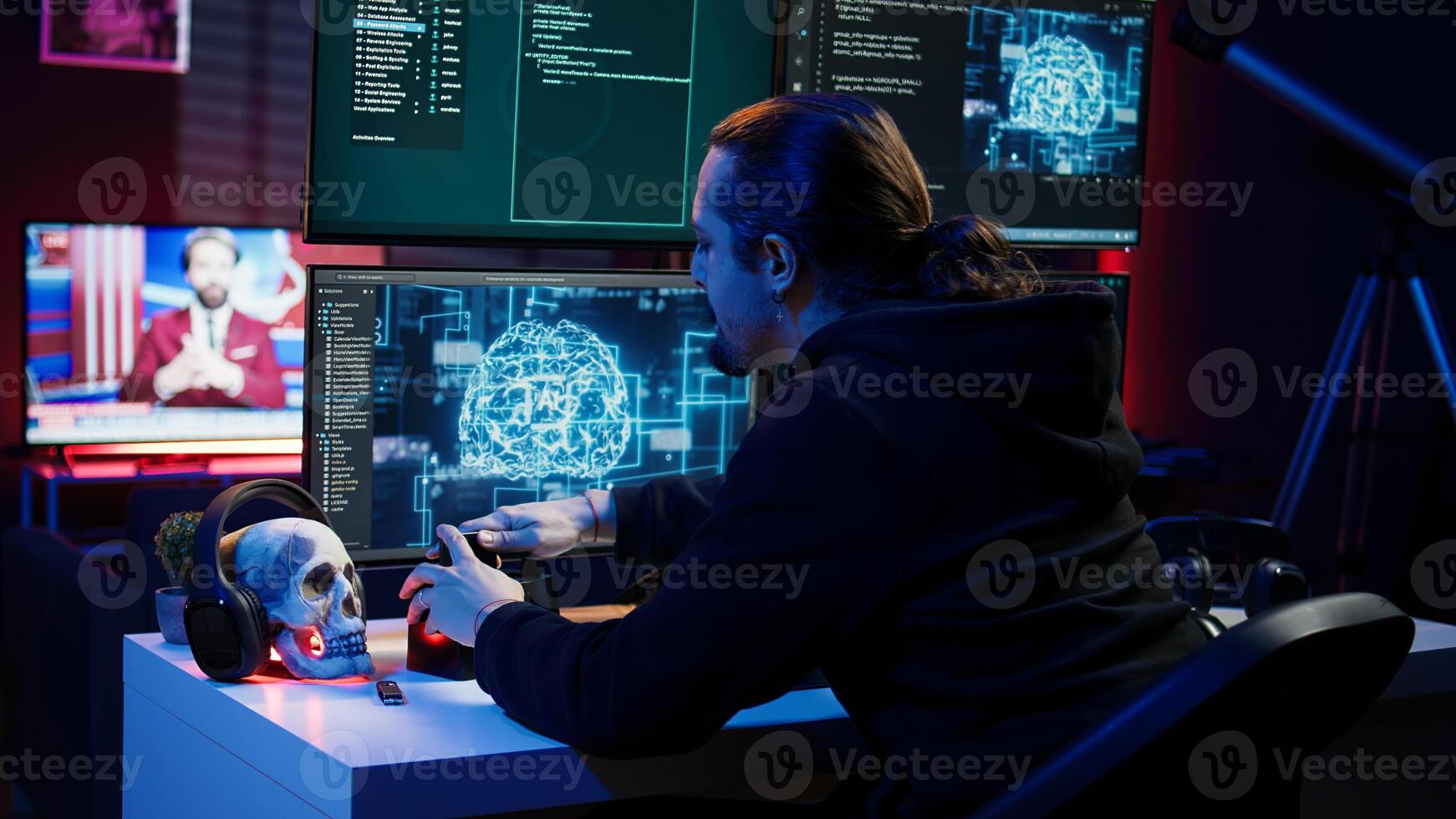 Hacker uploading script on SSD that can launch DDoS attacks on any website. Cybercriminal writing program that can crash servers, downloading it on storage drive, camera B photo