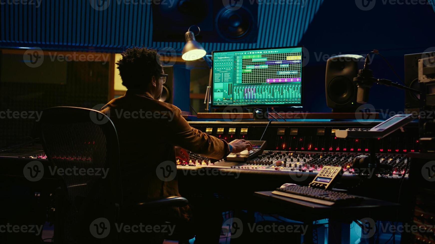 Tracking engineer working on a new album and recording hit song, handling mixing console with moving faders and colored meters. Skilled sound designer pushing sliders and levers. Camera B. photo