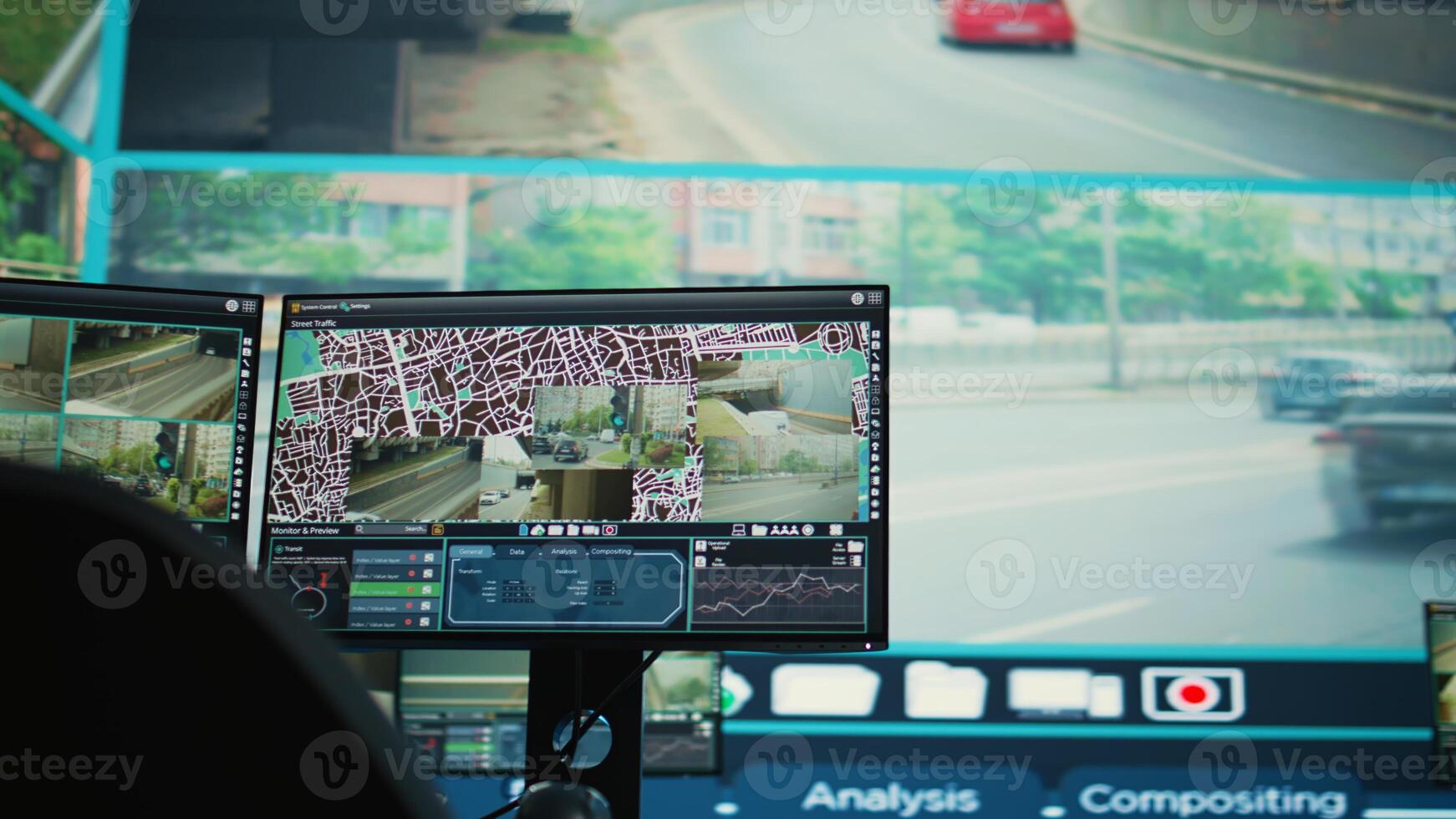 Empty monitoring room with a big screen used to observe traffic through surveillance footage, government satellite CCTV cameras. Public safety agency headquarters monitors the city. photo
