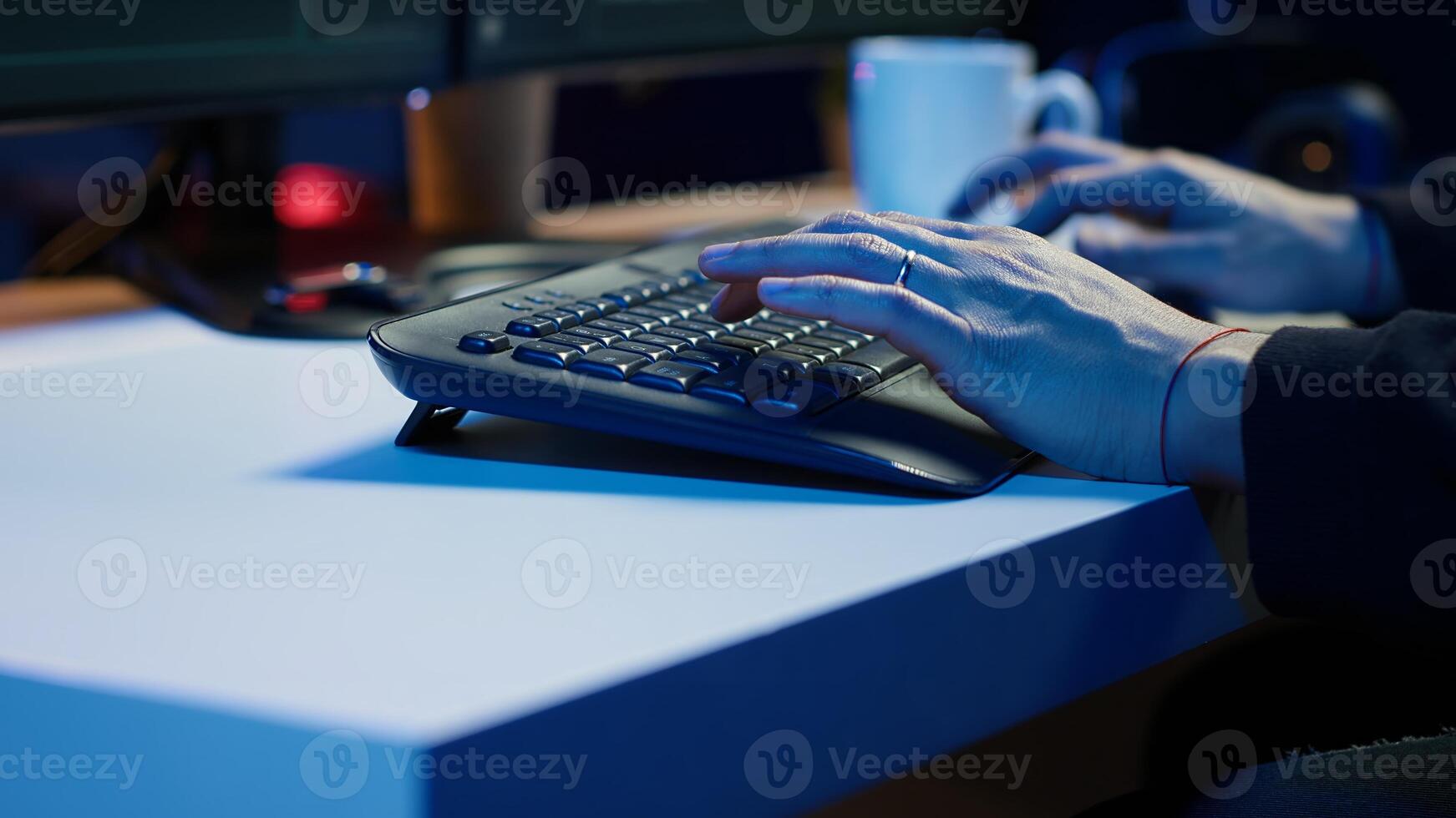 Cybercriminal illegally breaching security systems while hiding in secret HQ, close up shot. Scammer breaking down security systems firewalls using rogue scripts to steal sensitive data, camera A photo