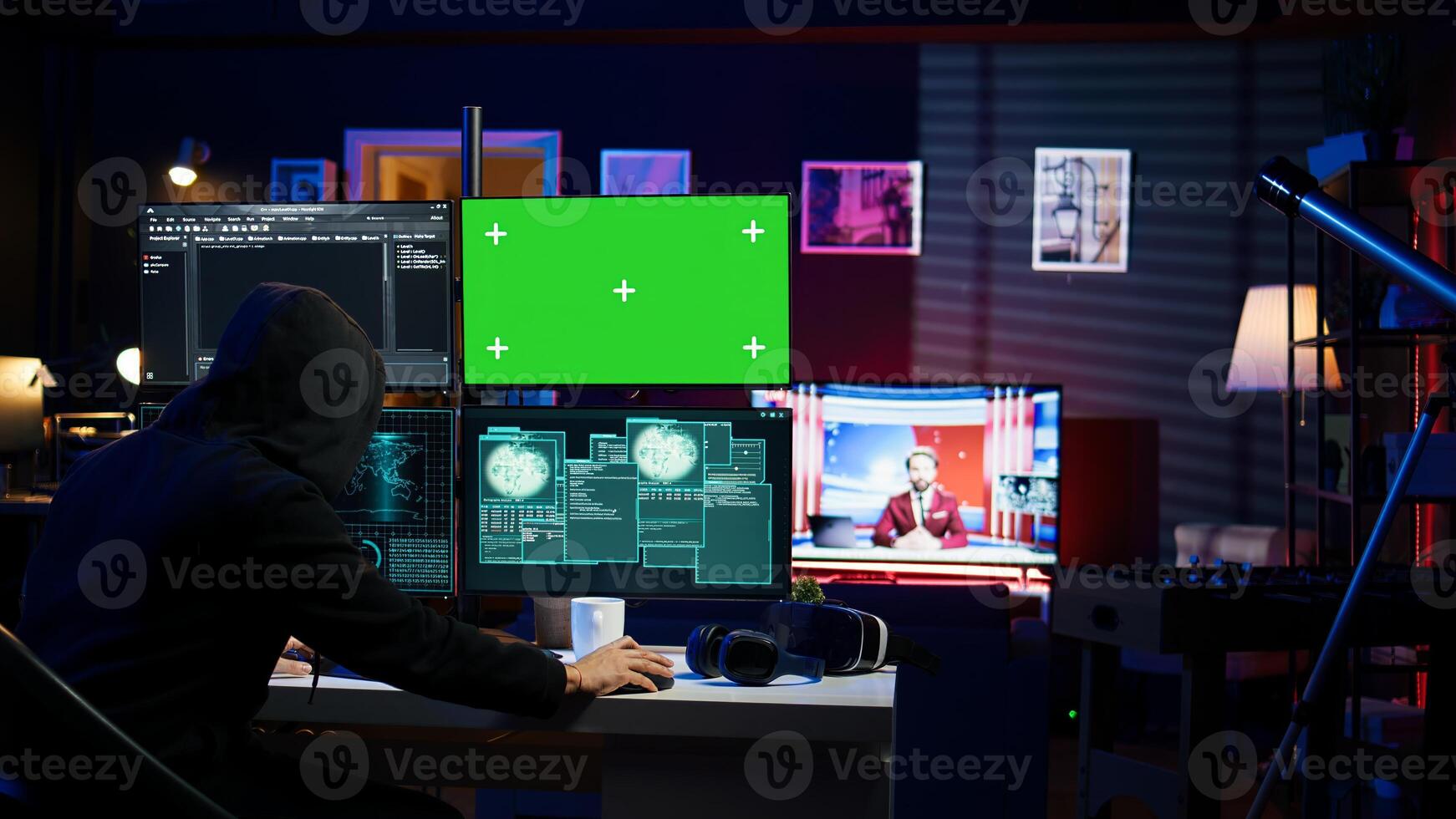 Cybercriminal hacking using green screen PC and getting critical error while trying to steal credit card information. Hacker runs code on mockup computer display, failing to breach firewall, camera B photo