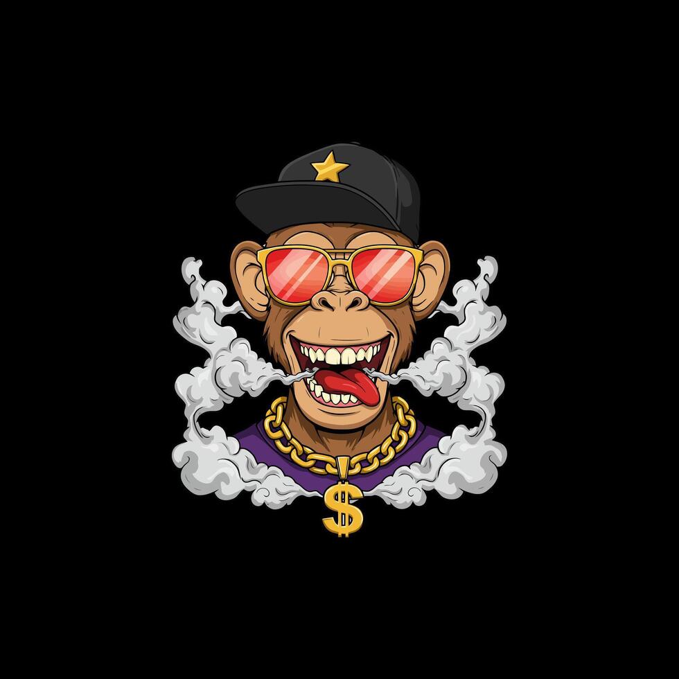 A stylish cartoon illustration of a monkey wearing sunglasses, a cap, and a gold chain while exhaling vapor. vector