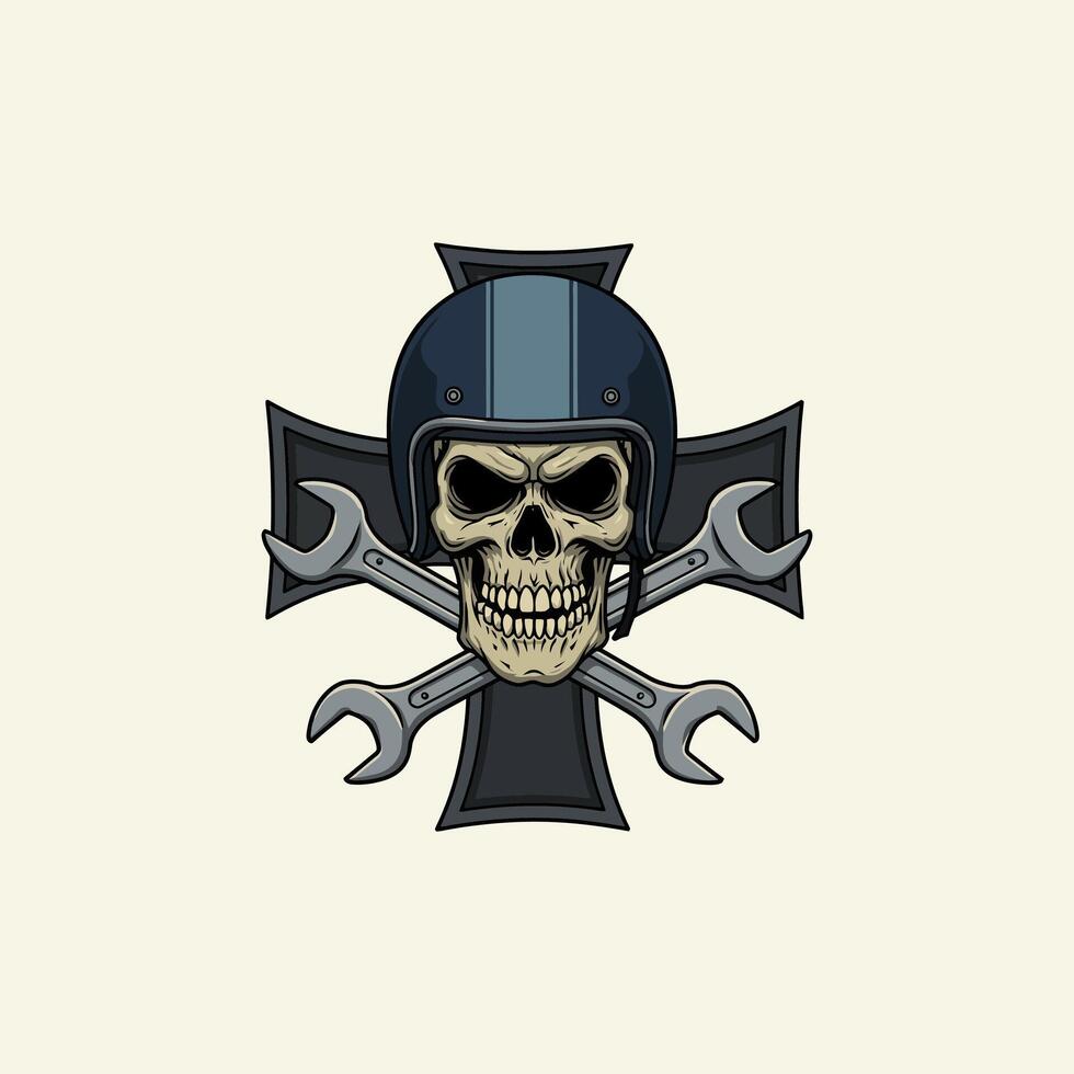 A stylized skull wearing a motorcycle helmet is depicted with crossed wrenches behind a dark iron cross. vector