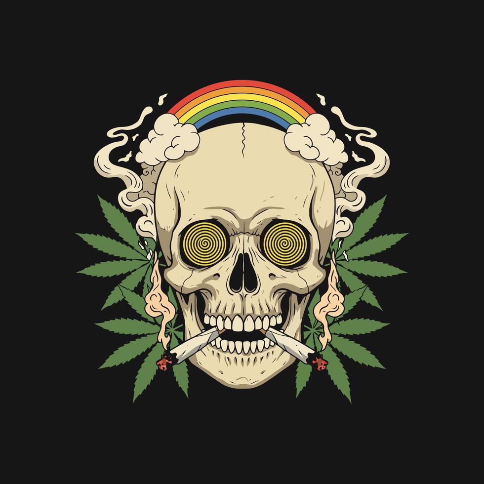 A stylized skull with swirling eyes, smoking a joint, surrounded by cannabis leaves and a rainbow. vector