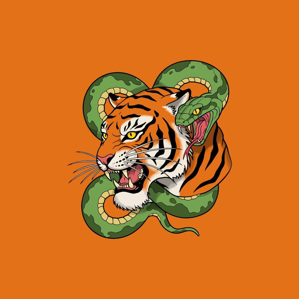 A stylized illustration depicts a snarling tiger head encircled by a large green snake, set against an orange backdrop. vector
