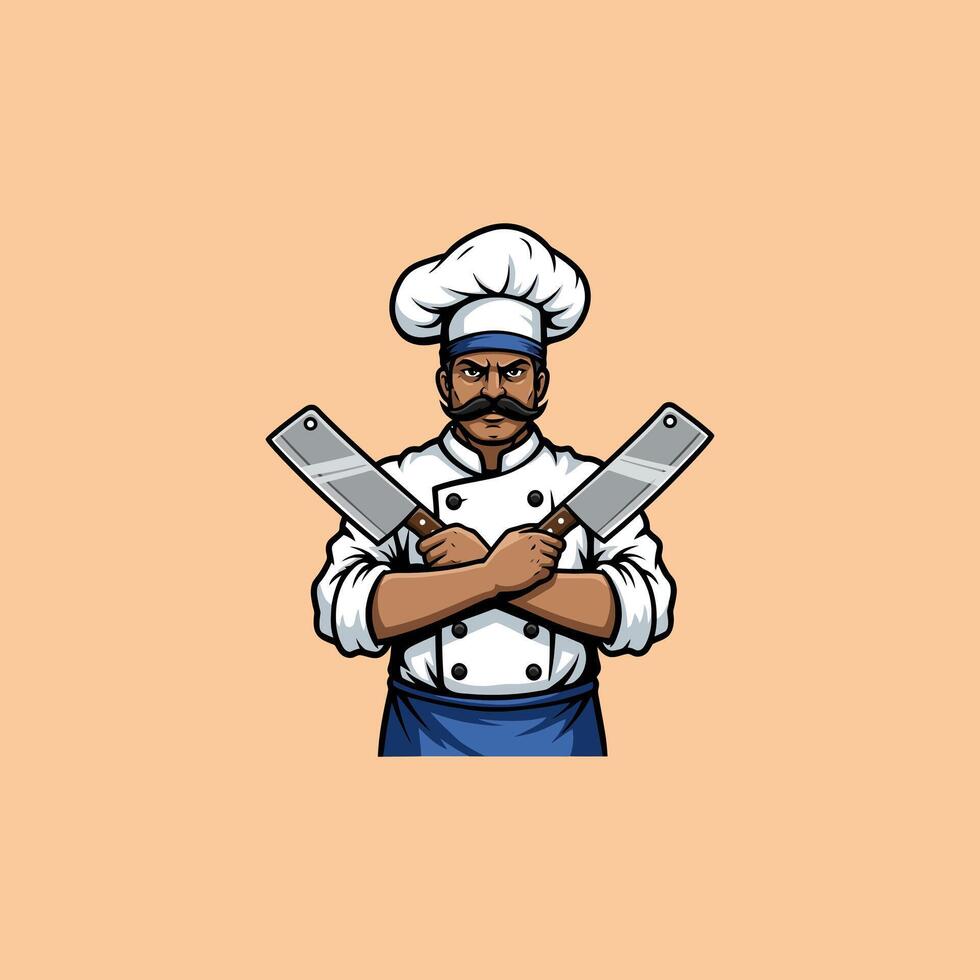 The image shows a cartoon illustration of a serious chef with crossed cleavers. vector
