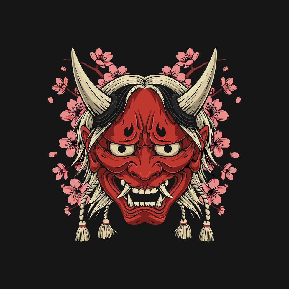 A stylized illustration depicts a red oni mask adorned with cherry blossoms against a dark background showcasing Japanese cultural elements. vector