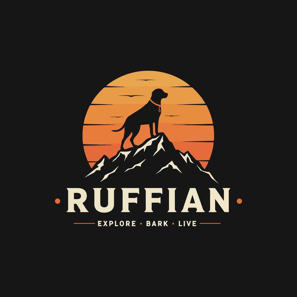 A logo design featuring a silhouette of a dog standing atop a mountain against a sunset backdrop. vector