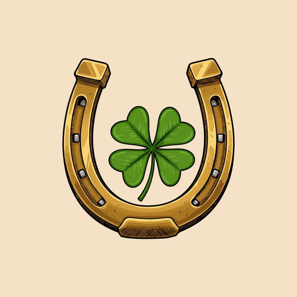 A stylized illustration depicts a golden horseshoe and a four leaf clover symbolizing luck and good fortune. vector