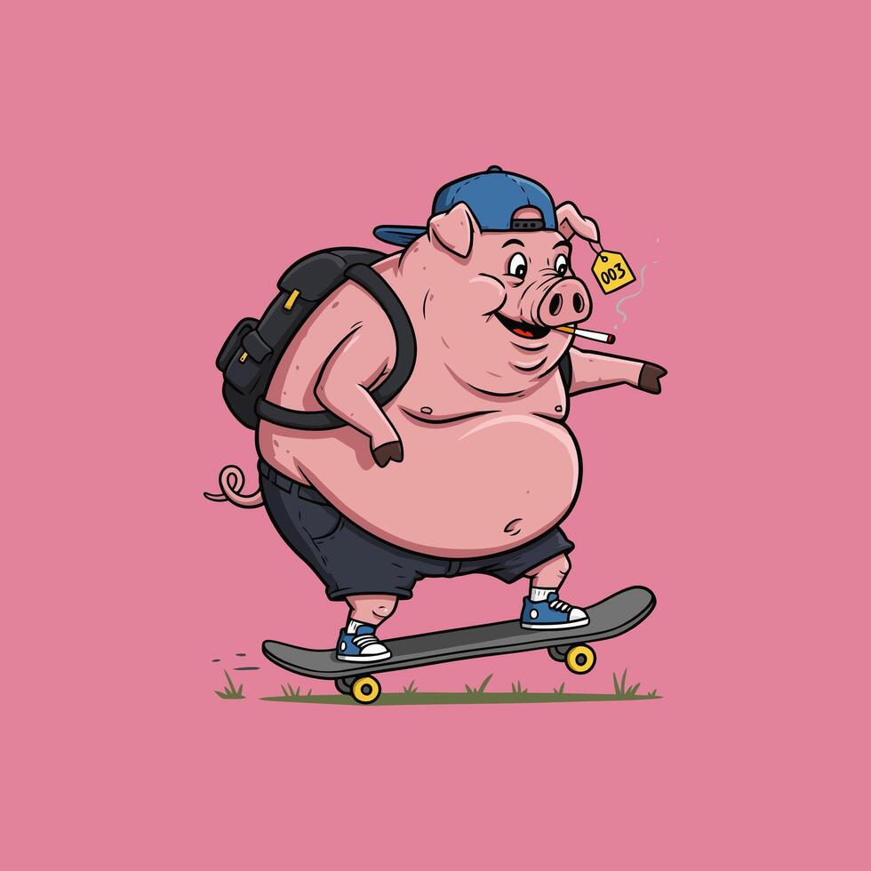 A cartoon illustration of a large pig wearing a cap and backpack, skateboarding while smoking a cigarette. vector