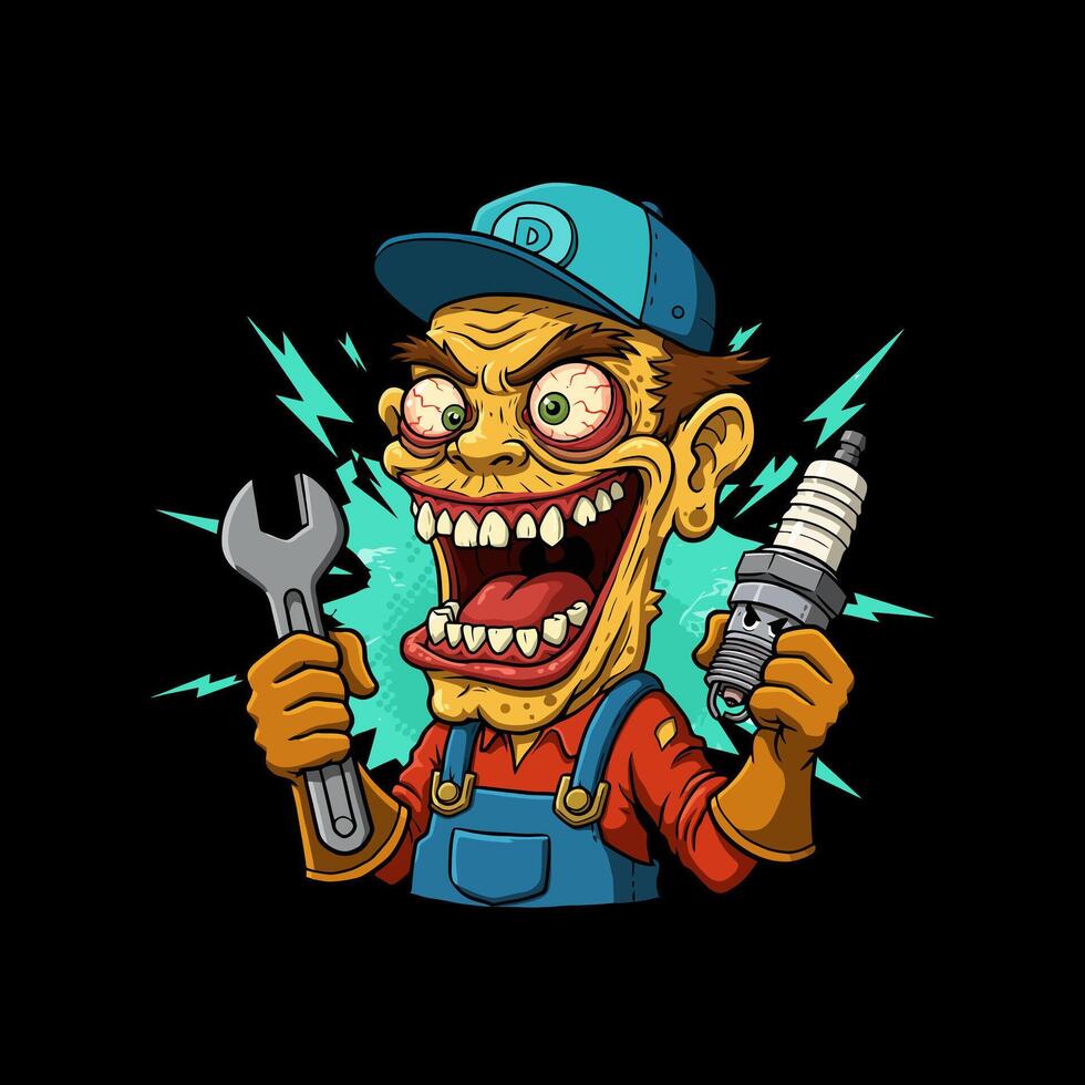 A cartoon illustration of a manic mechanic grinning wildly while holding a wrench and spark plug. vector